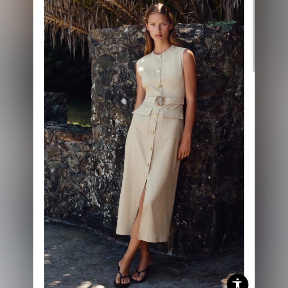 Zara‎ Cream Midi Dress with Belted Waist